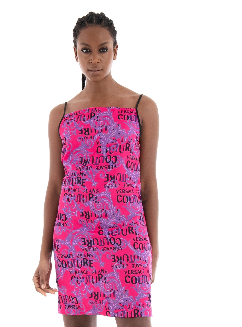Versace Jeans Envers Satin Print Logo Couture Dress - Hot Pink