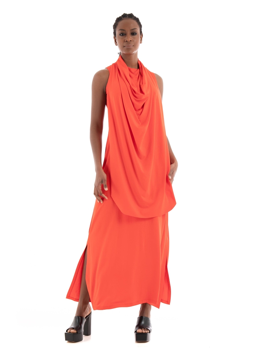 Ioanna Kourbela "Eco Vital" Sleeveless Dress With Shawl Pannel - Orange Red