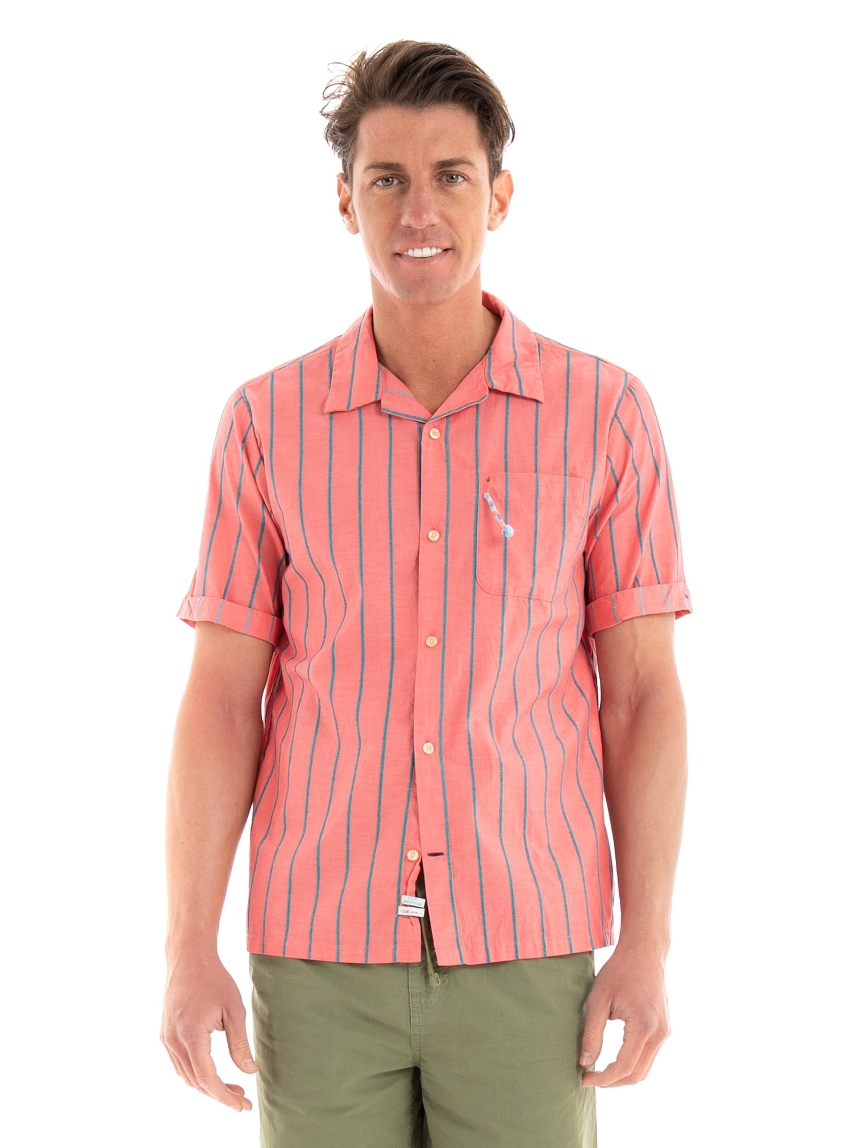 Scotch & Soda Toweling Striped Camp Shirt - Orange Red