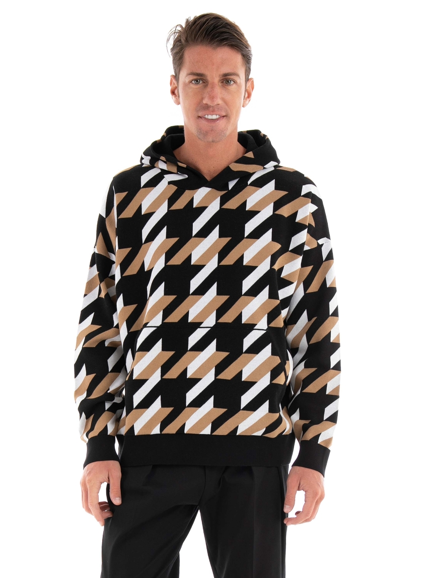 BOSS Relaxed Fit Hoodie With Houndstooth Knit Ofondo - Black