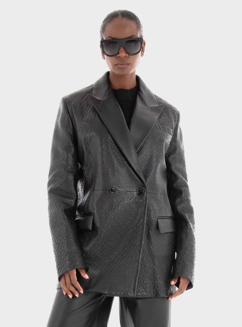 BOSS Leather Blazer With Contrast Lapels Sabora - Black