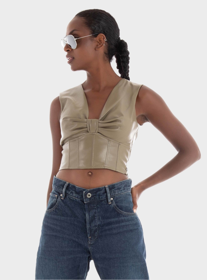 Guess Brenda Faux Leather Top - Dark Olive Green