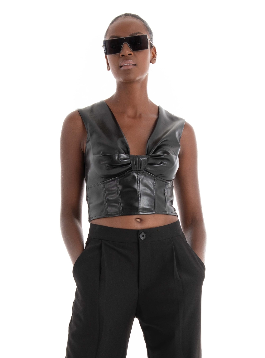 Guess Brenda Faux Leather Top - Jet Black