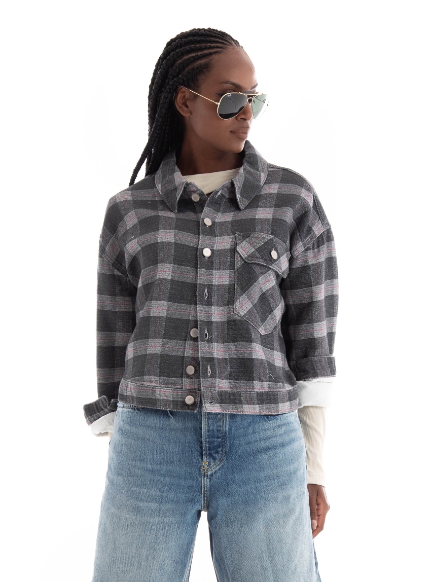 Only Kerstin Check Denim Jacket Mae - Grey