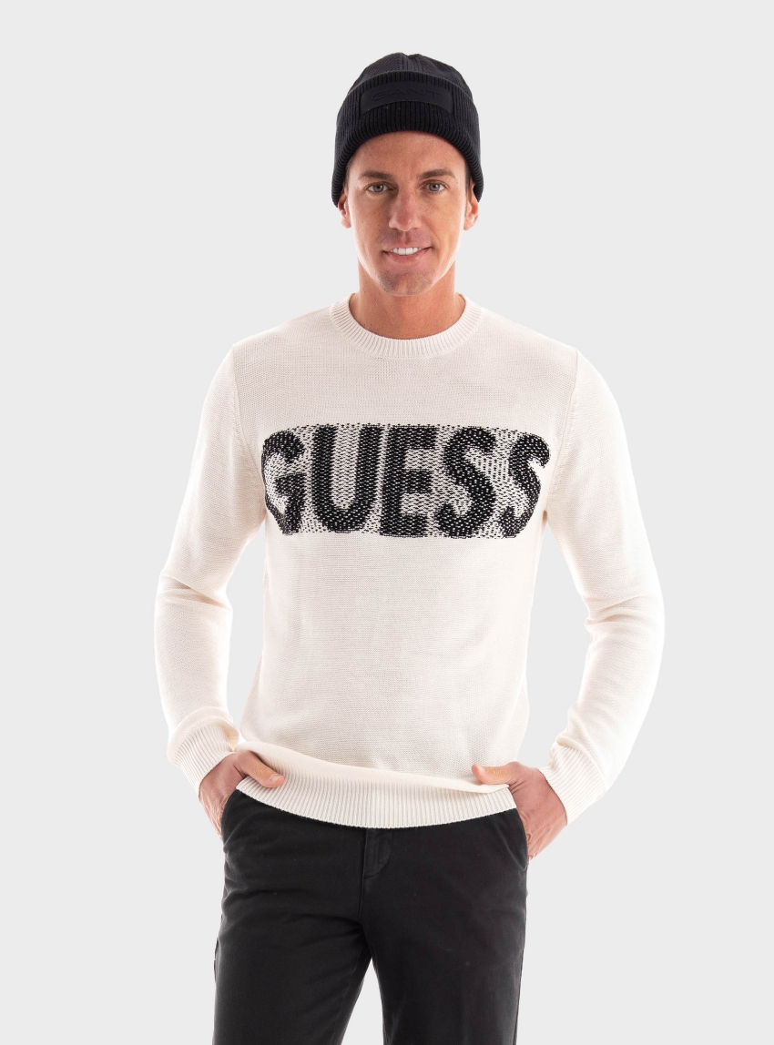 Guess Amyas Ls Cn Slogan Knit - Off White