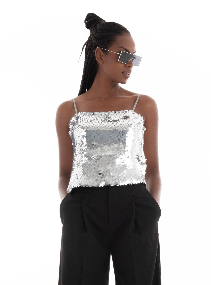 JJXX Ava Sequin Strap Crop Top - Silver