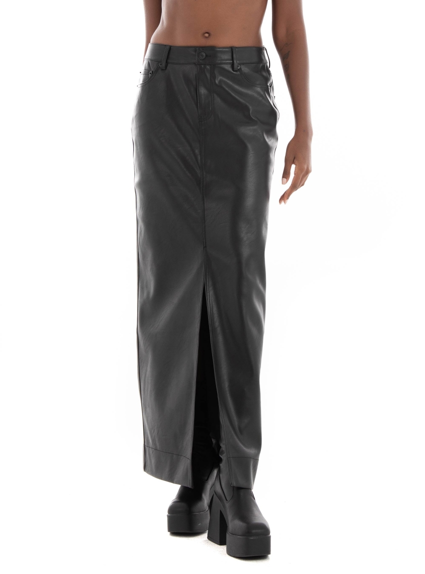 JJXX Elva Long Mid Waist Faux Leather Skirt - Black