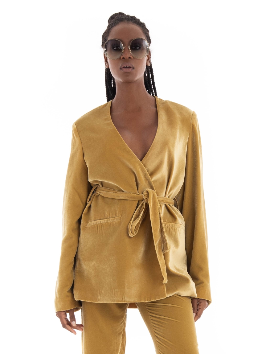 Black & Black Velvet Blazer - Mustard