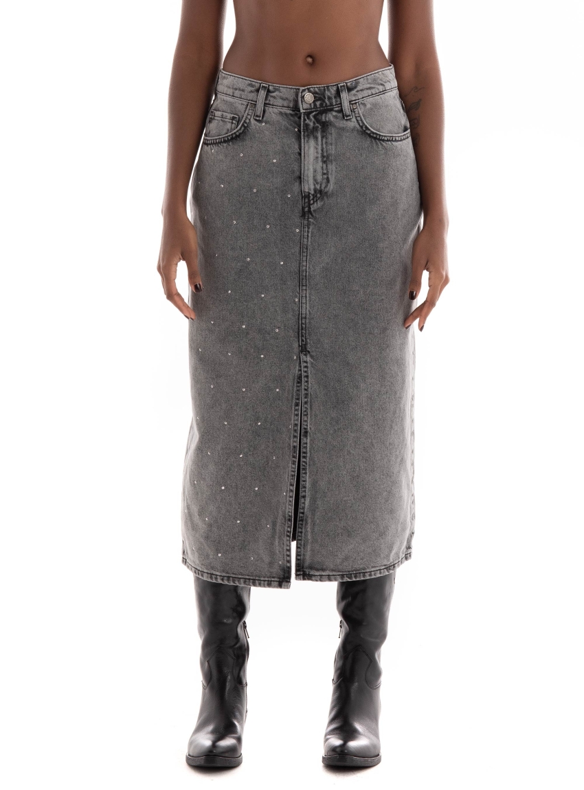 Only Gry High Waist Studio Midi Slit Denim Skirt - Grey