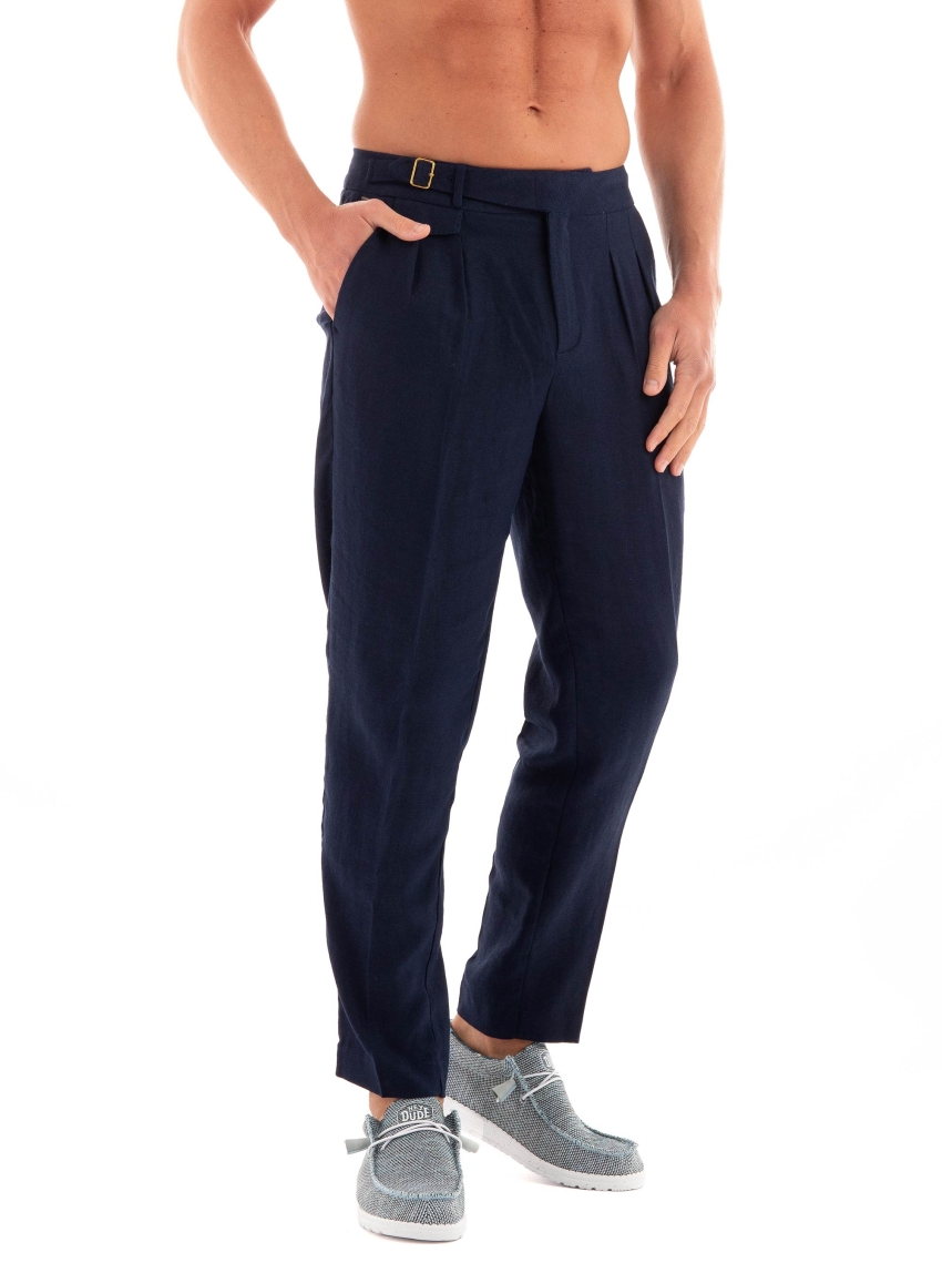 Scotch & Soda Wide Fit Pleated Herringbone Chino Pants - Navy