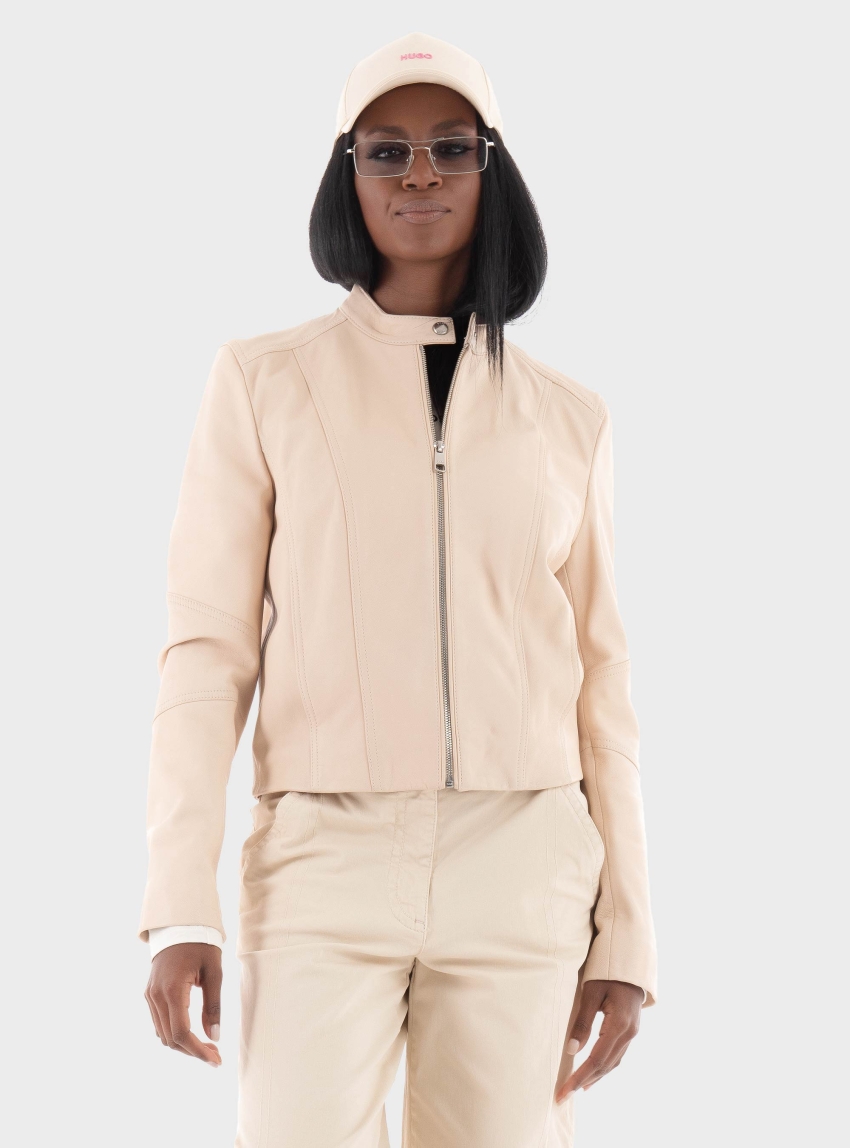 BOSS Slim Fit Leather Jacket C_Saleste - Light Beige