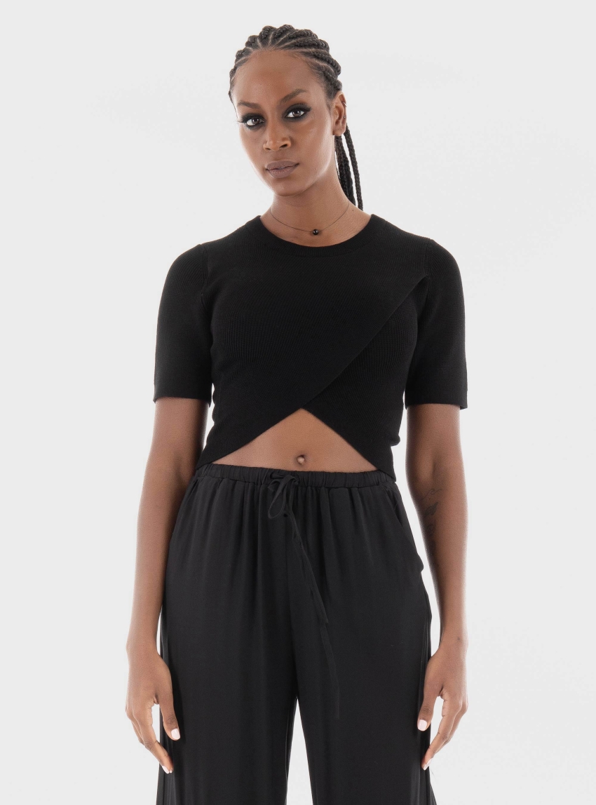 Only Kai Crop O-Neck Knit Top - Black