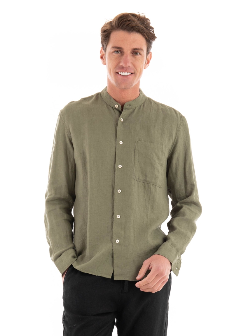Marc O Polo Regular Fit Mao Linen Shirt - Olive 