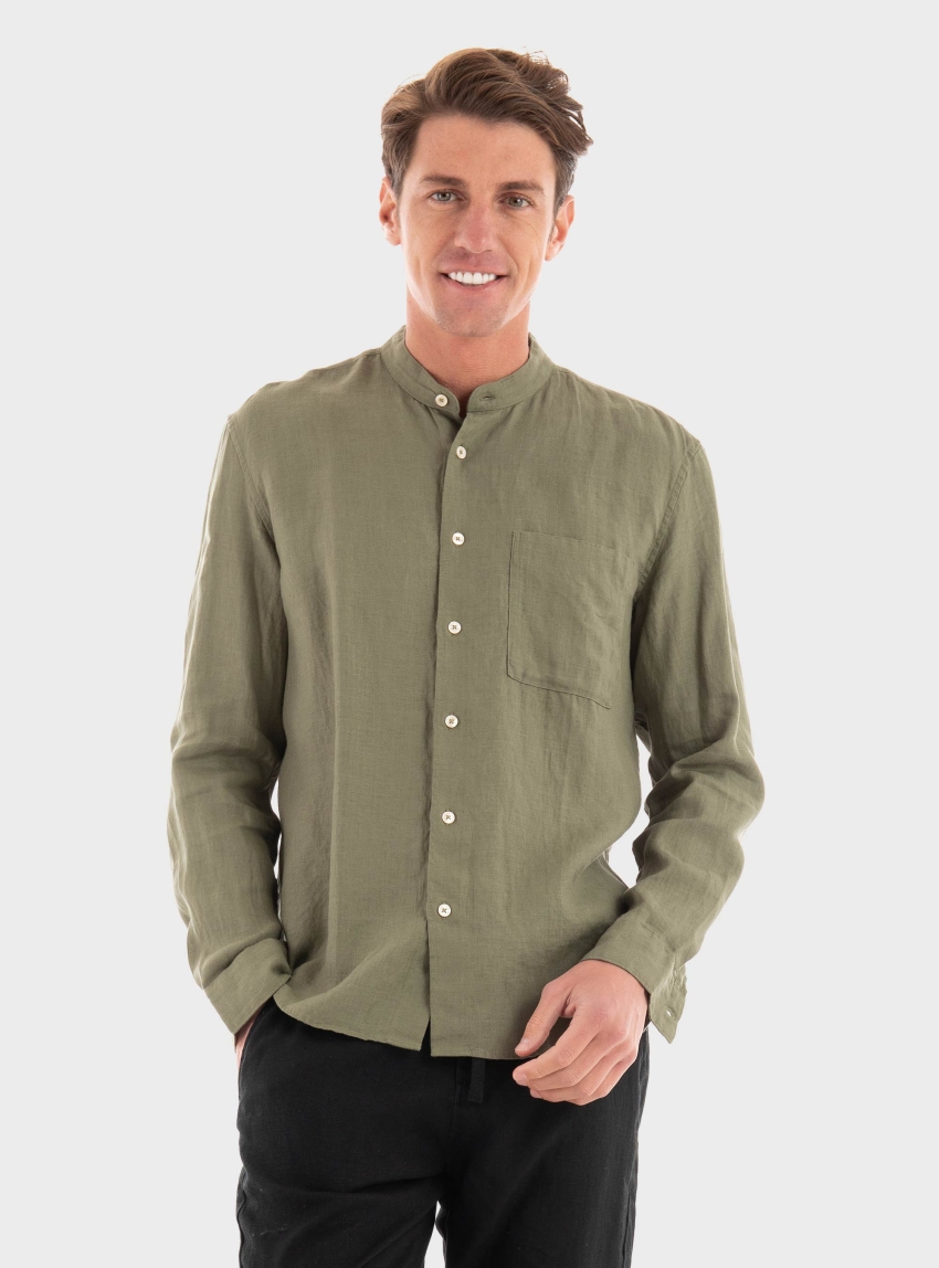 Marc O Polo Regular Fit Mao Linen Shirt - Olive 