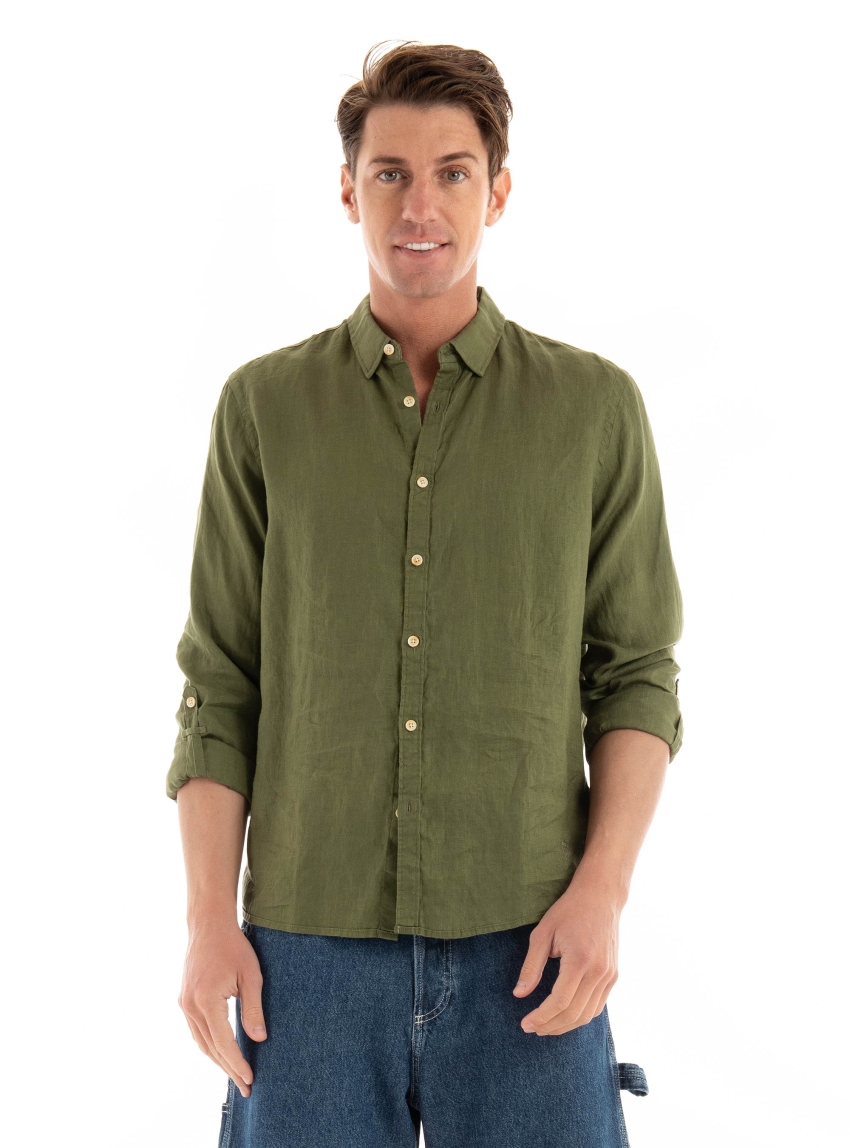 Scotch & Soda Linen Shirt With Roll Up - Khaki