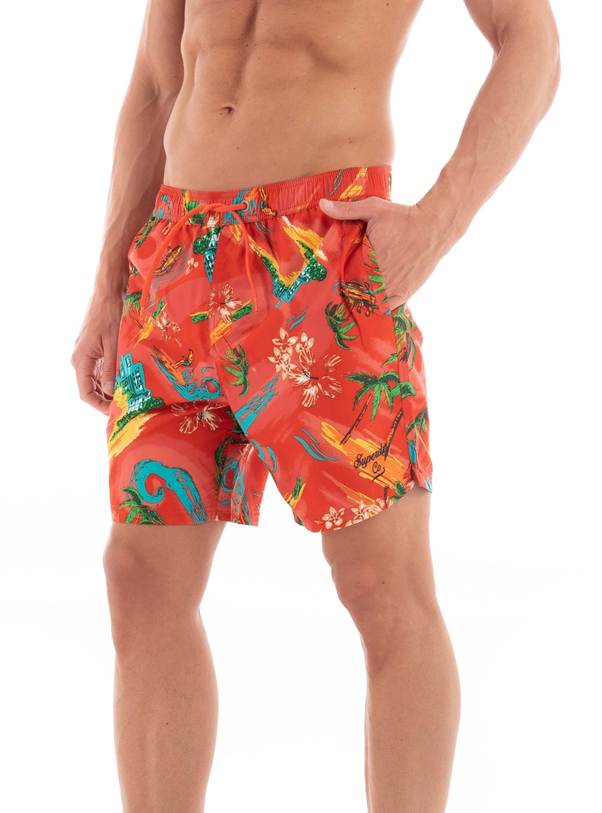 Superdry D4 Ovin Hawaiian Print 17" Swim Shorts - Red