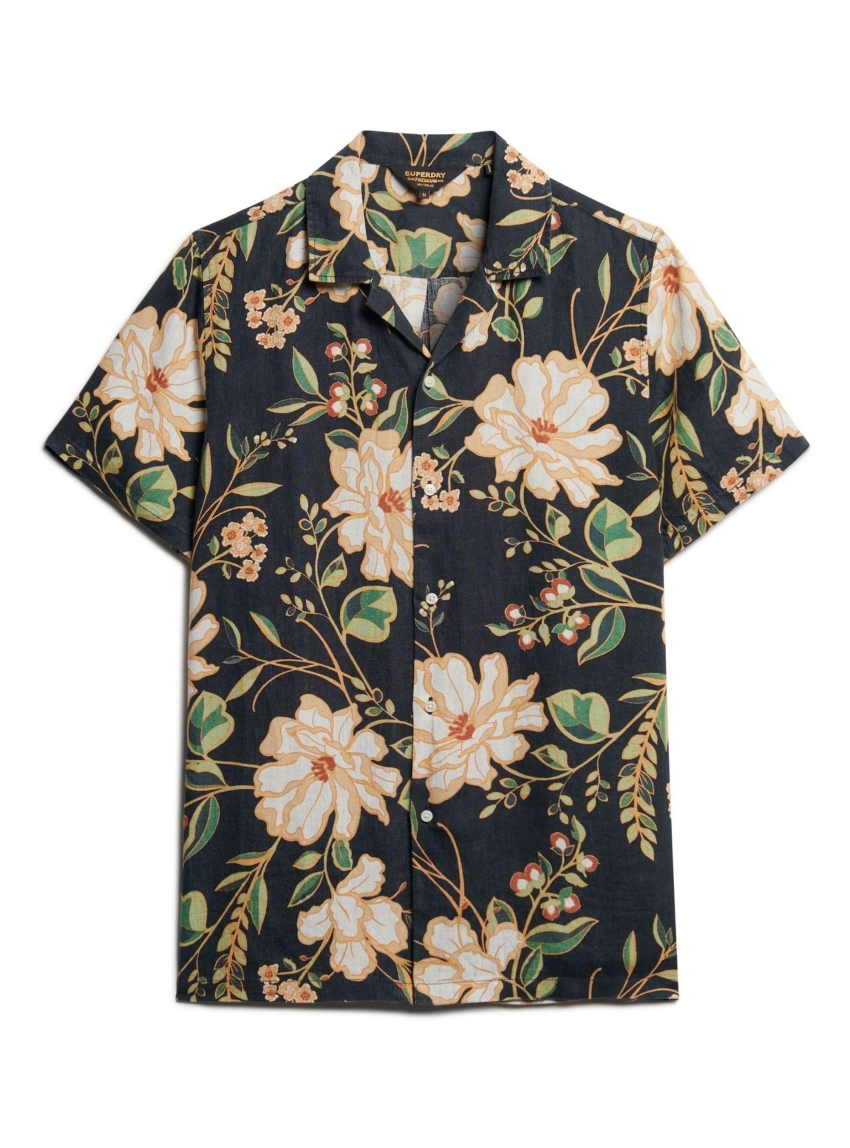 Superdry D4 Open Collar Print Linen Shirt - Navy