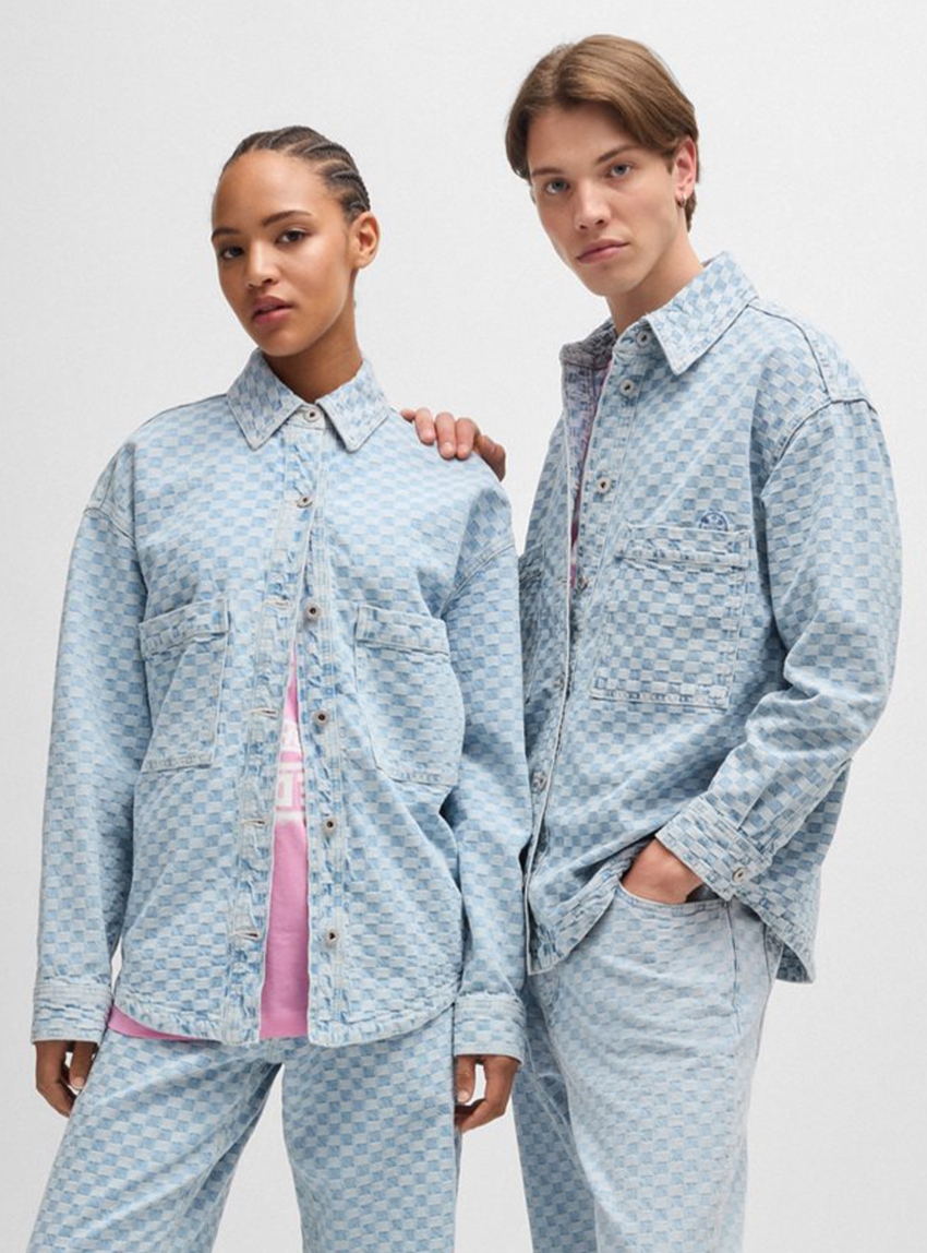 HUGO Oversized Checkerboard Denim Shirt-Jacket Garesa_B - Light Blue