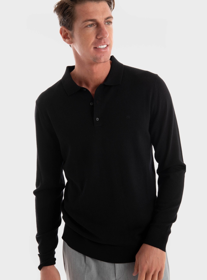Calvin Klein Merino Wool Polo Jumper - Black