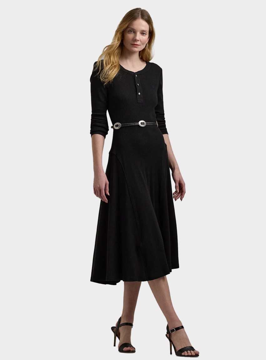 LAUREN Ralph Lauren Belted Waffle-Knit Cotton Henley Dress - Black