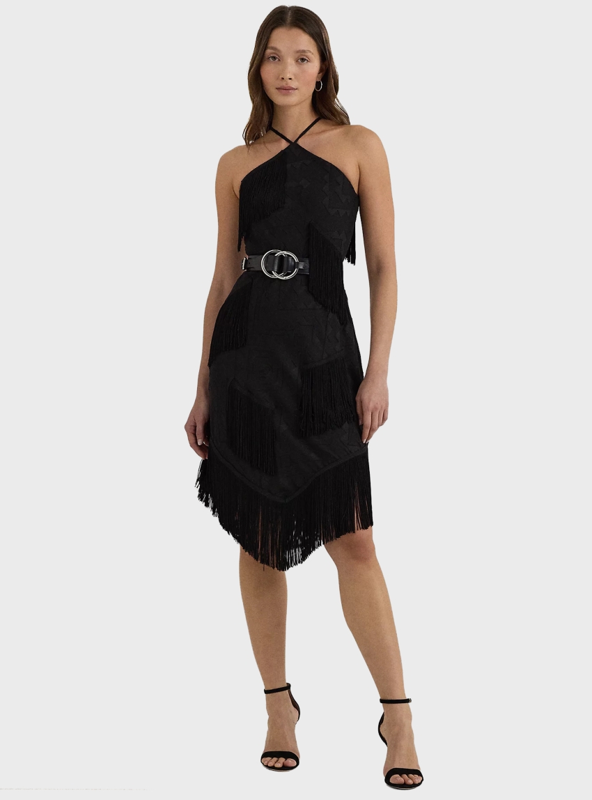 LAUREN Ralph Lauren Fringe-Trim Fil Coupé Cocktail Dress - Black