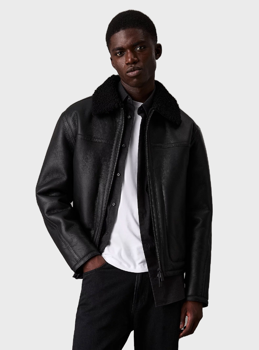 Calvin Klein Leather Shearling Aviator Jacket - Black