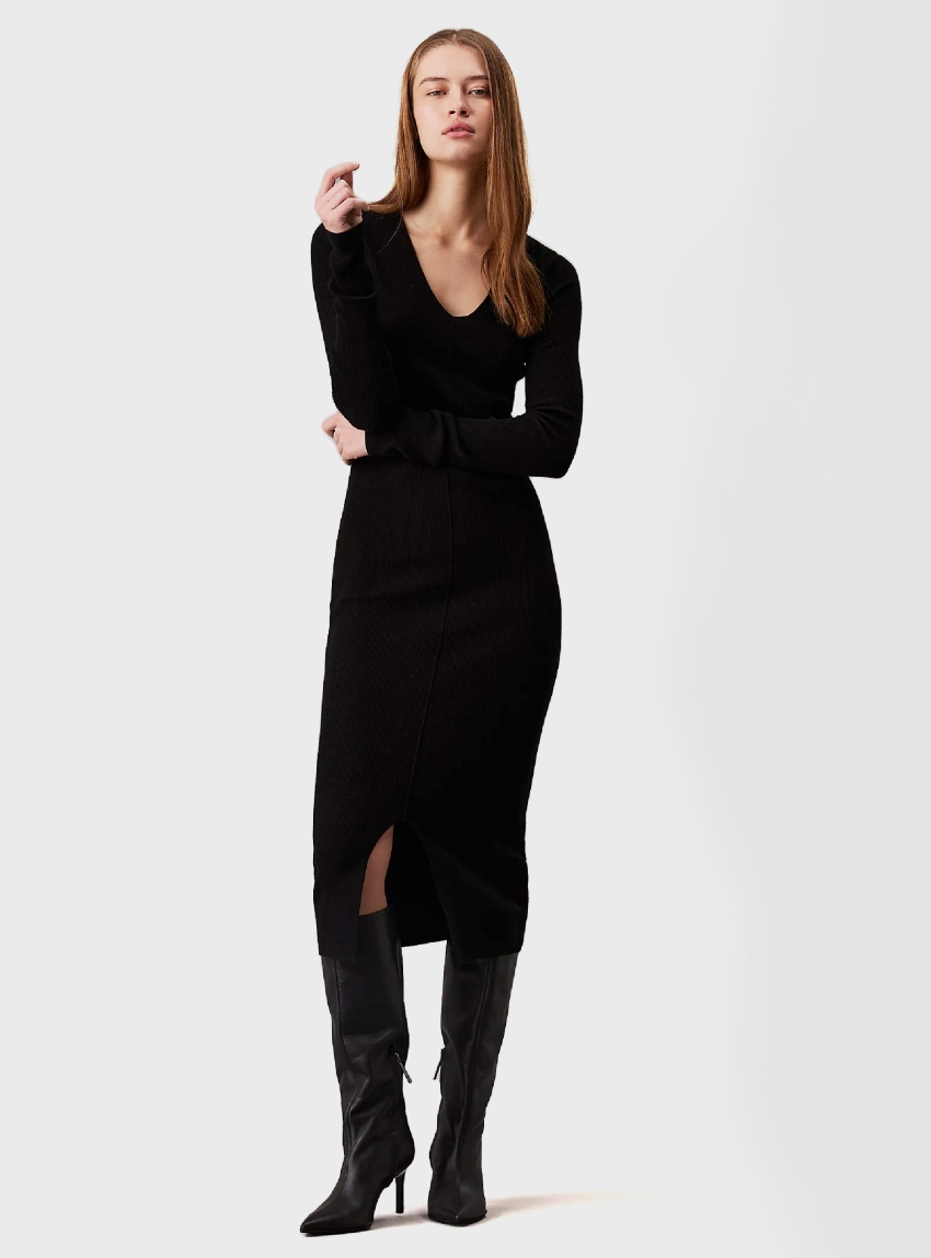 Calvin Klein Soft Rib V-Neck Midi Dress - Black