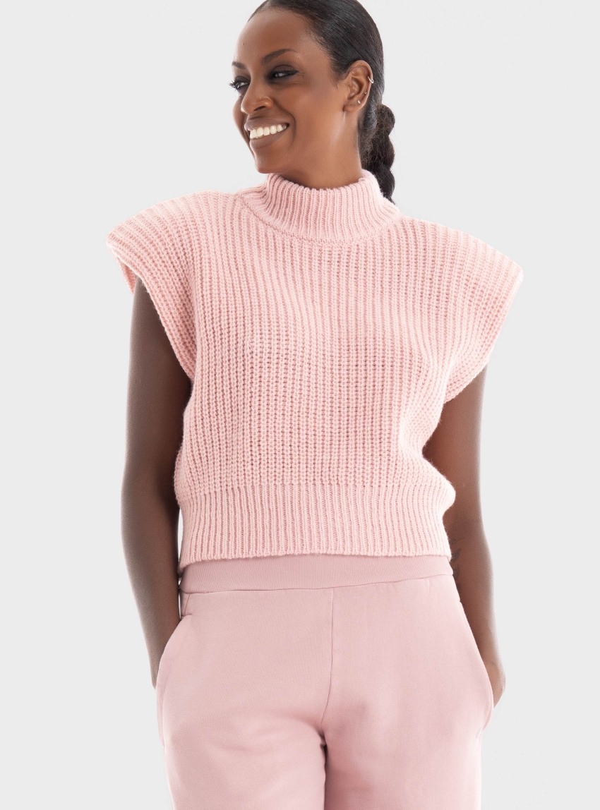 Somethingnew Winnie High Neck Knitted Short Top - Pink