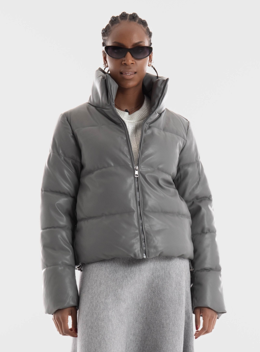 Only Elsie Faux Leather Puffer Jacket - Grey