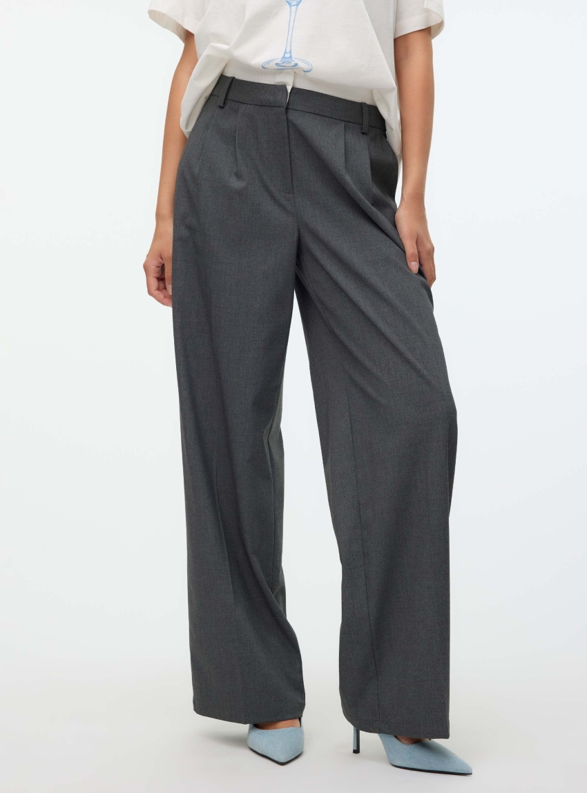 Vero Moda Madja Mid Waist Wide Boxer Detail Trousers - Dark Grey Melange