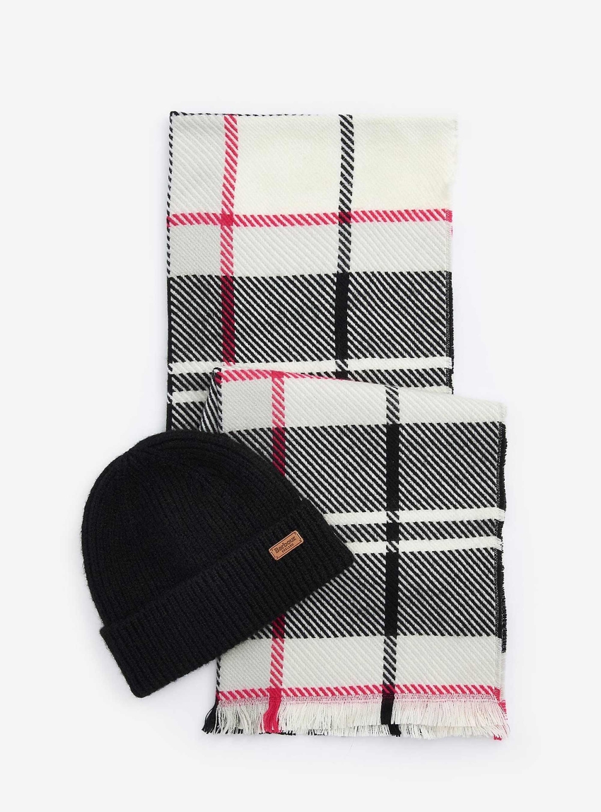 Barbour Pendle Beanie & Blair Scarf Gift Set - Hot Pink Black