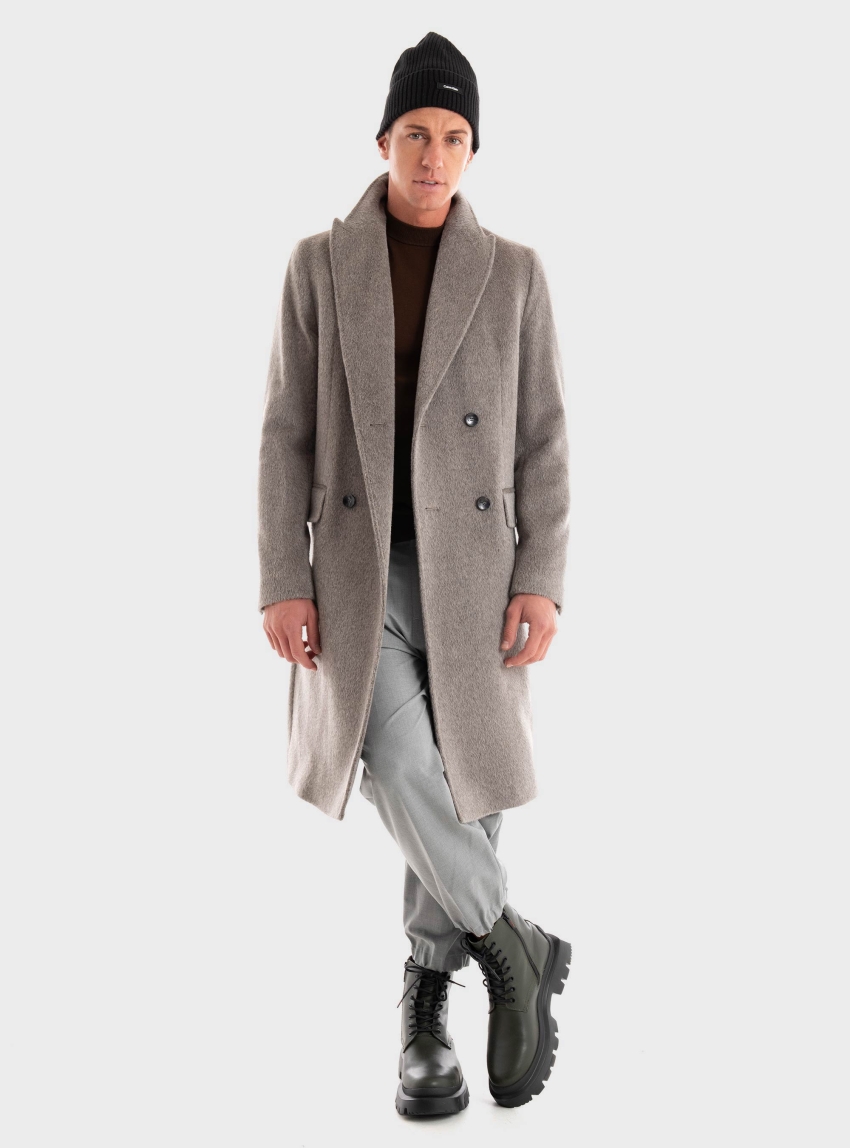 BOSS Double Breasted Alpaca Blend Coat H-Hyde-DB-Peak-234 - Dark Beige