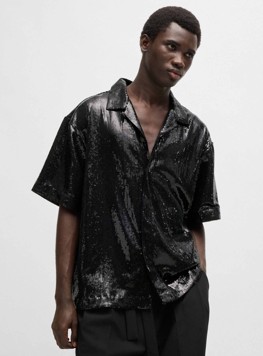 HUGO Sequins Oversized Fit Shirt Egeeno - Black