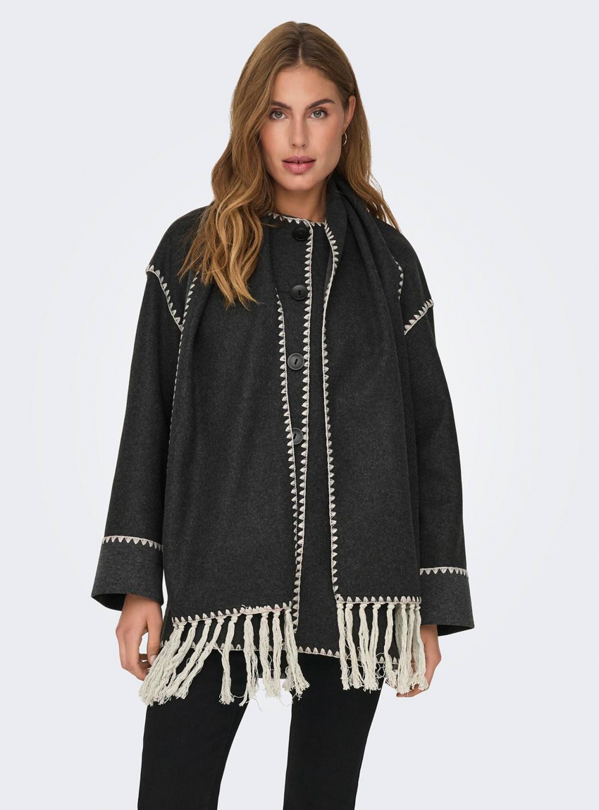 Only Elba Scallop Edge Scarf Coat - Dark Grey Melange