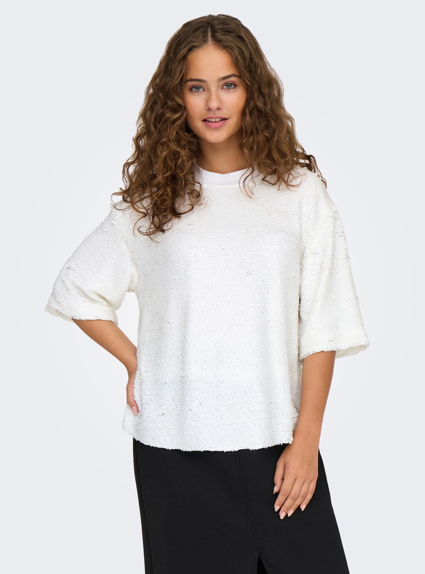 Only Fiona Sequins Box Fit Tee - Off White