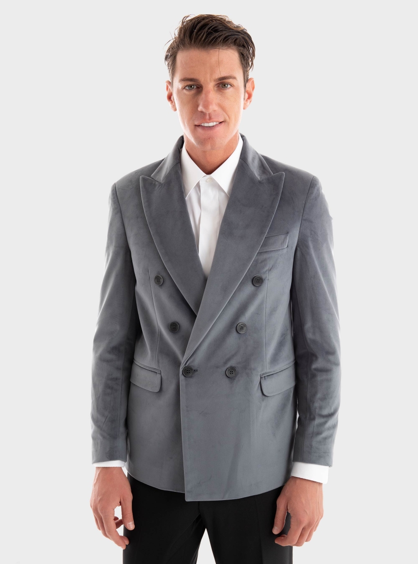 I'm Brian Double Breasted Velvet Blazer - Grey