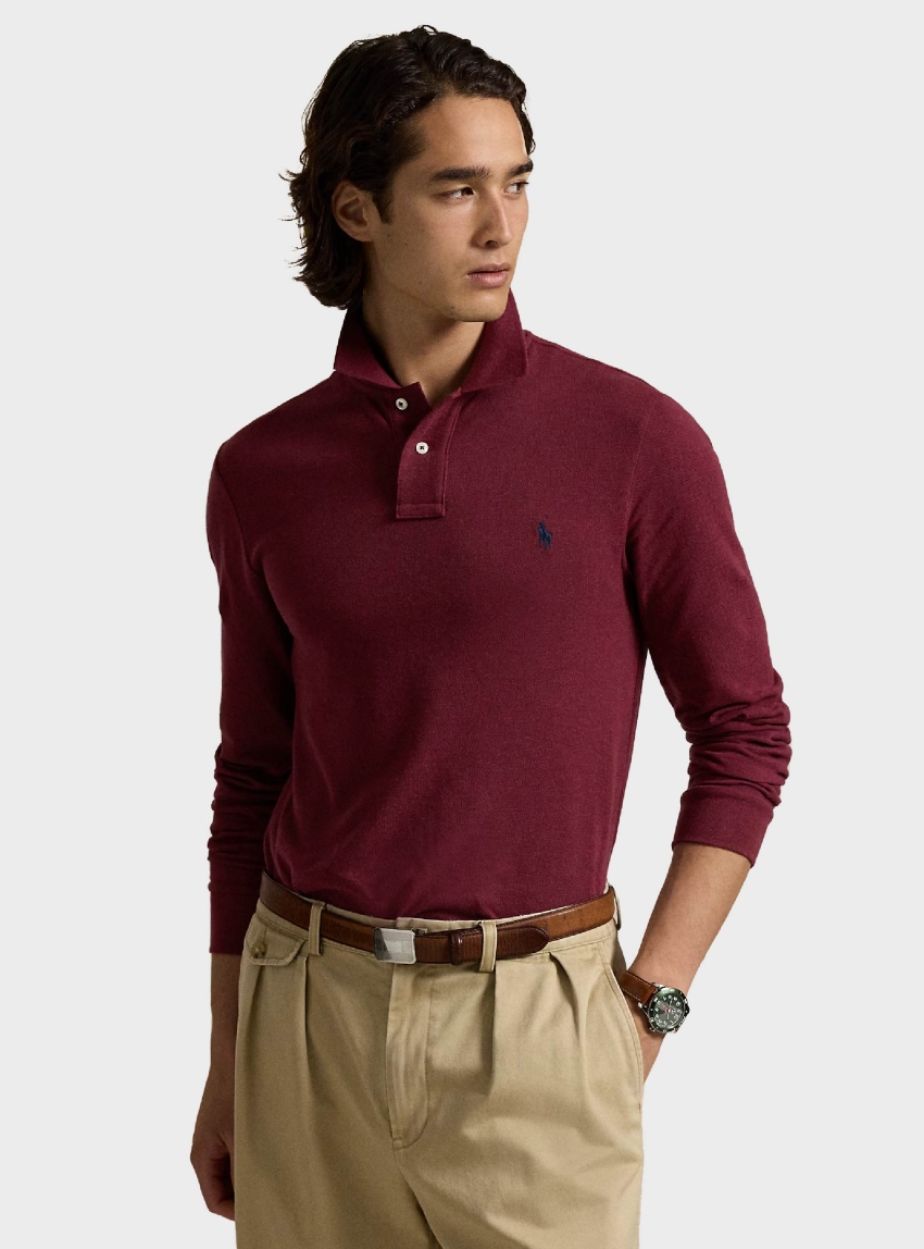 Polo Ralph Lauren Slim Fit Mesh Long-Sleeve Polo Shirt - Bordeaux