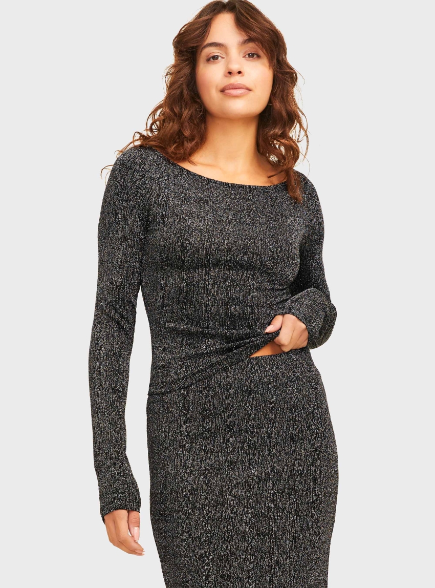 JJXX Sigga Stretch Glitter Boatneck Top - Silver