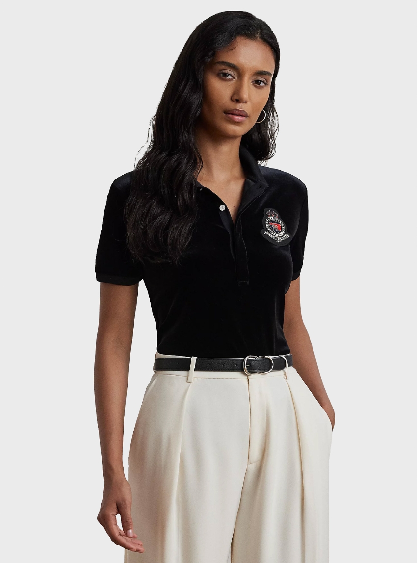 LAUREN Ralph Lauren Beaded-Crest Stretch Velvet Polo Shirt - Black
