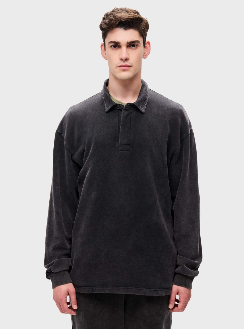Dirty Laundry Polo Sweatshirt With  Pockets - Washed Black