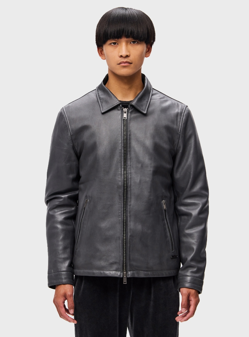 Dirty Laundry Leather Jacket With Centrefront Zip - Grey