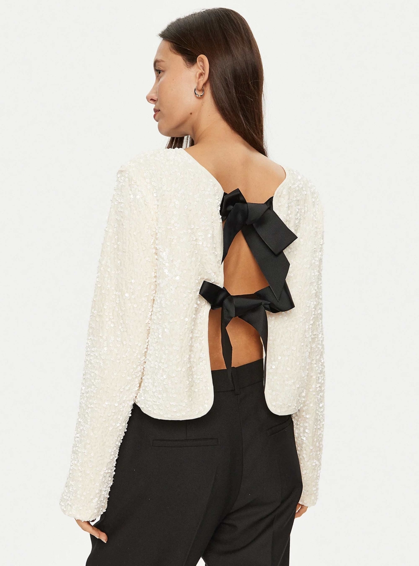 Only Anika Sequins Bow Top - White
