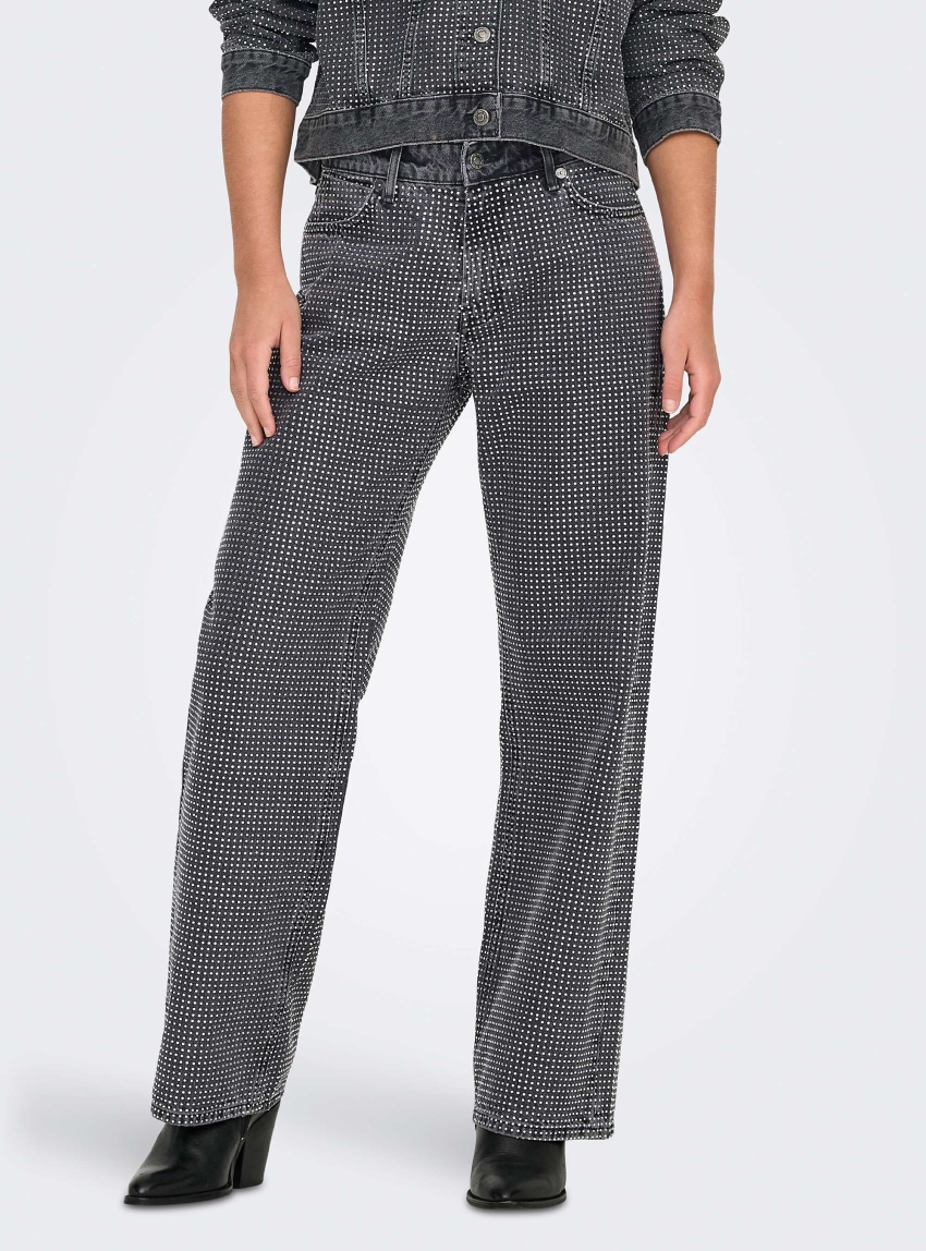 Only Hudson Mid Waist Wide Leg Deco Jeans - Grey