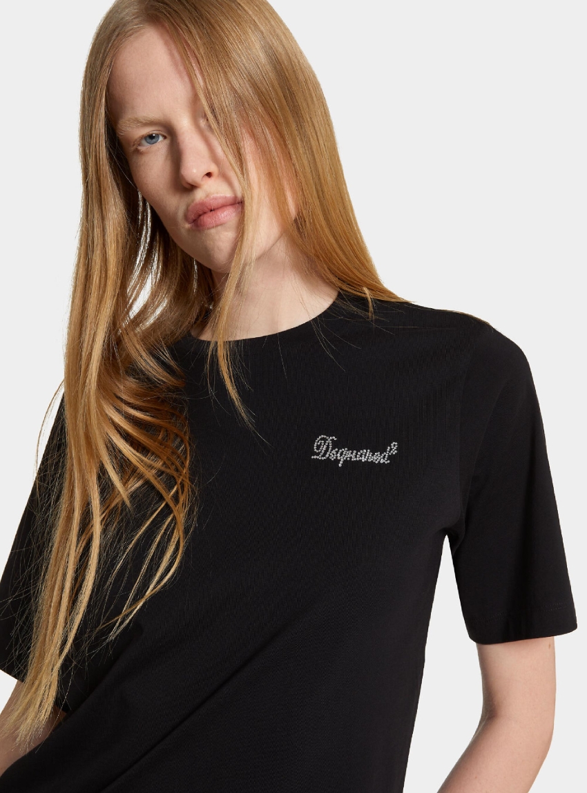 Dsquared Easy Fit Crystal Logo T-Shirt - Black