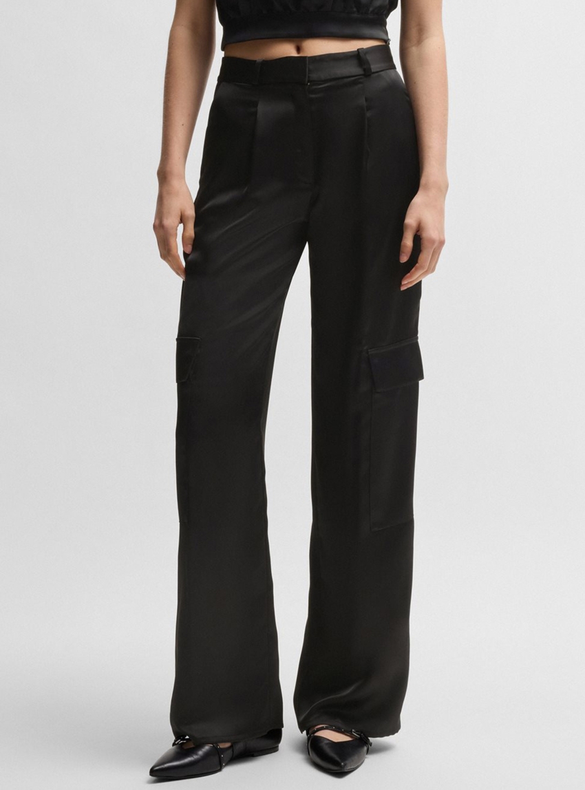 HUGO Relaxed-Fit Cargo Satin Trousers Hanira-1 - Black