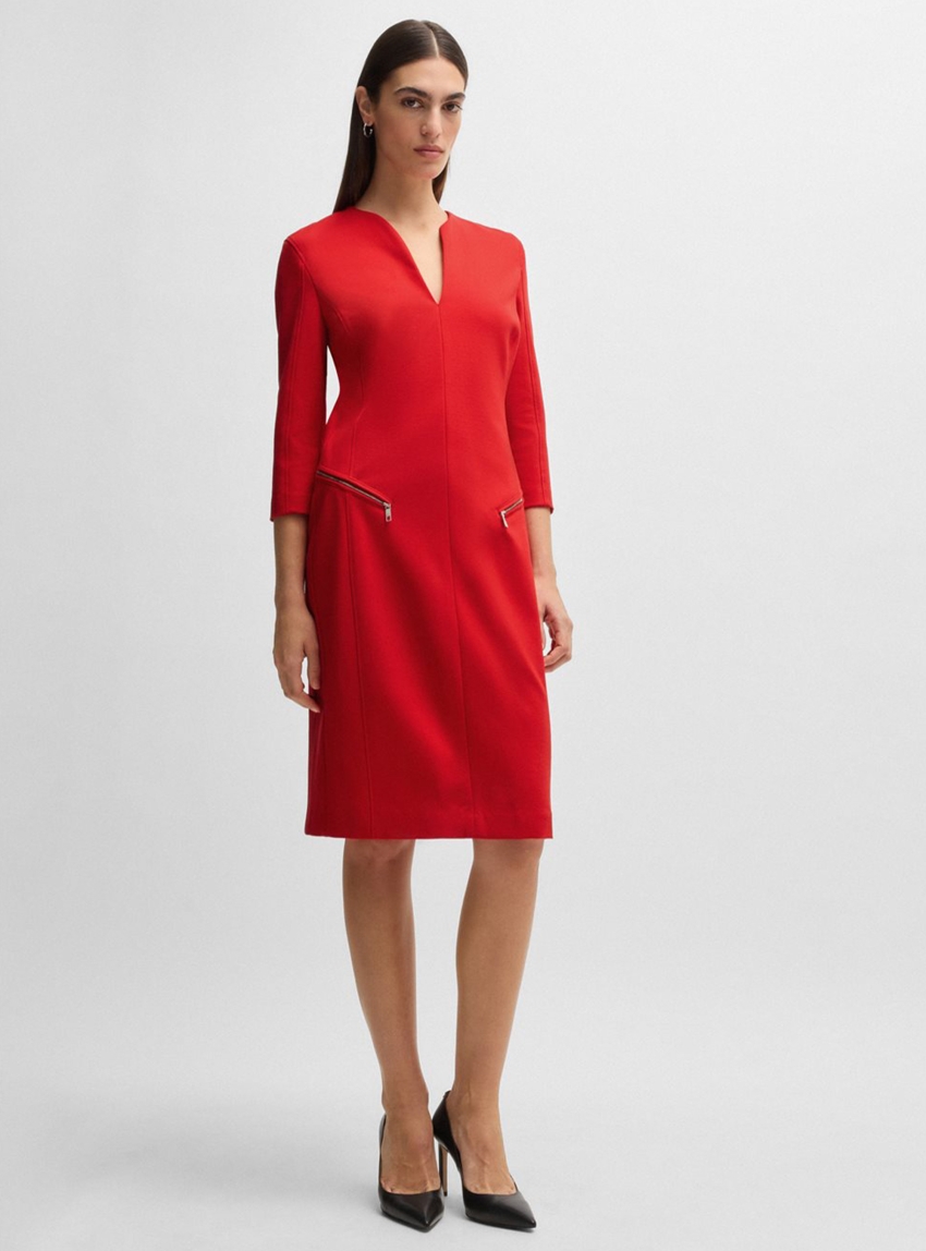 BOSS V-Neck Dress With Zipped Pockets And Cropped Sleeves  Dalmar - Red