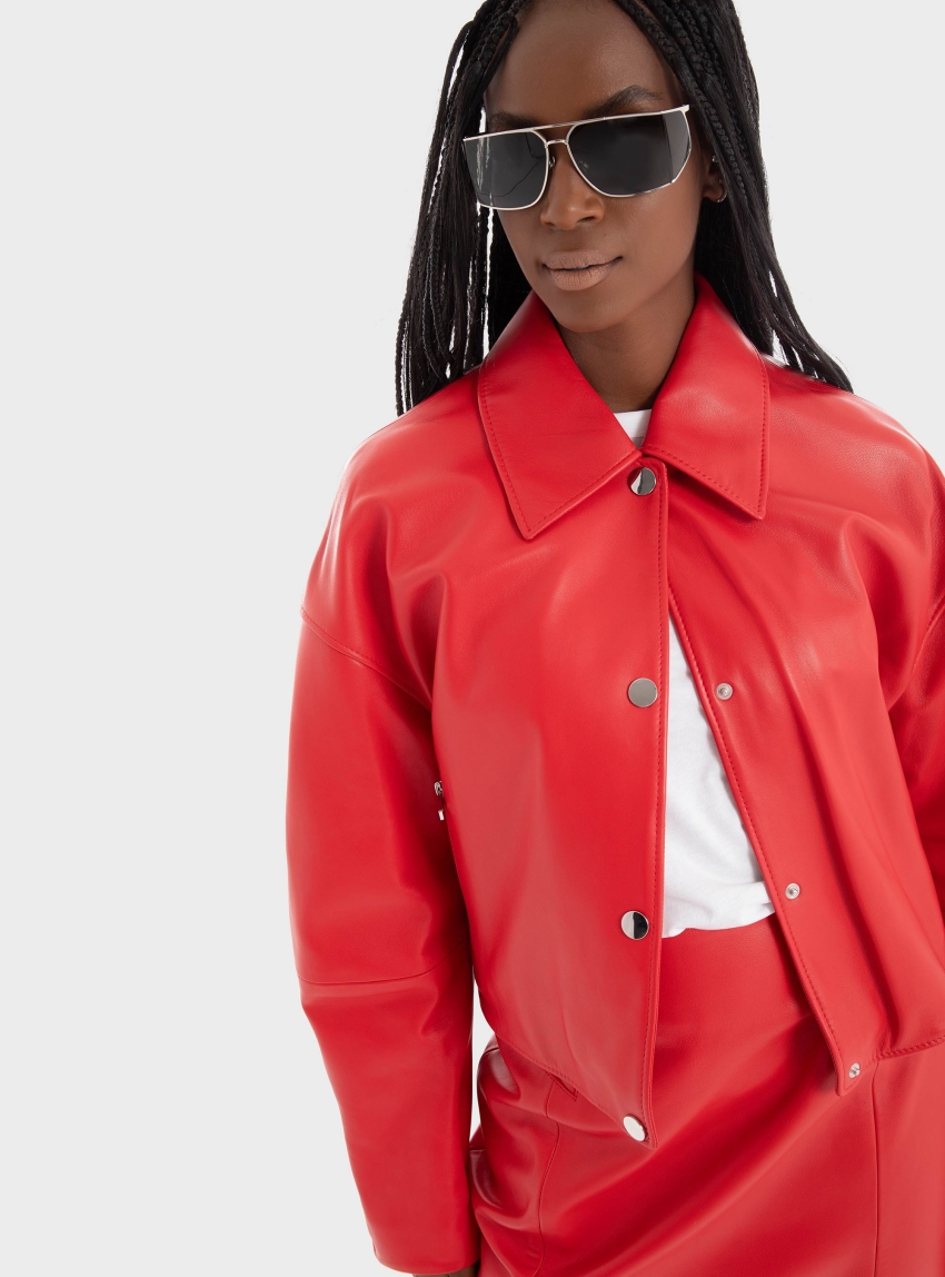 BOSS Leather Jacket With Covered Press Studs Sassina - Red