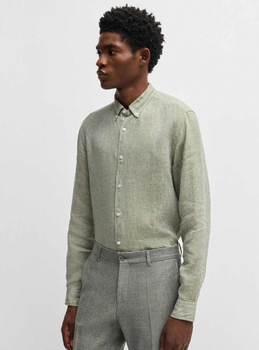 BOSS Regular-Fit Button-Down Linen Shirt C-LIAM-S-BD-C1-243 - Olive 