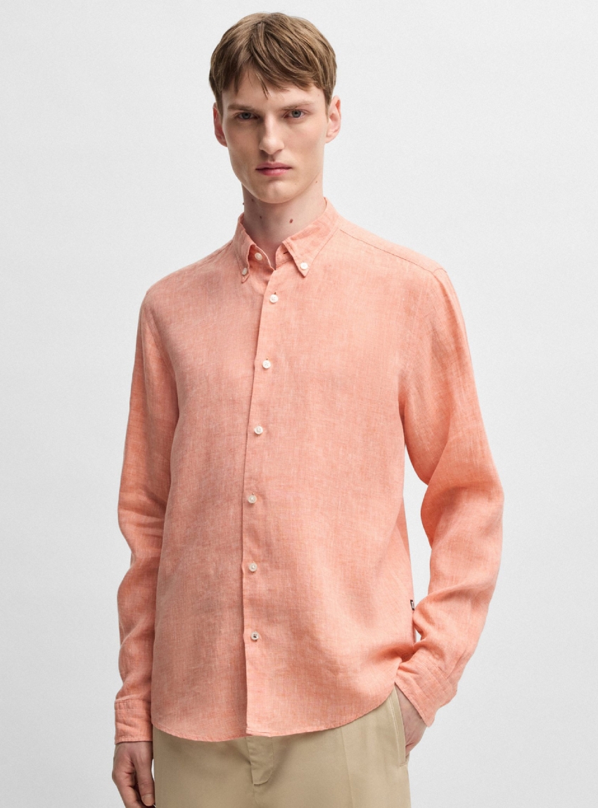 BOSS Regular-Fit Button-Down Linen Shirt C-LIAM-S-BD-C1-243 - Coral