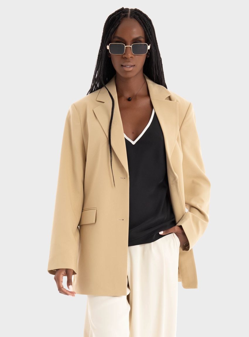 Calvin Klein Soft Twill Tie Back Blazer - Beige